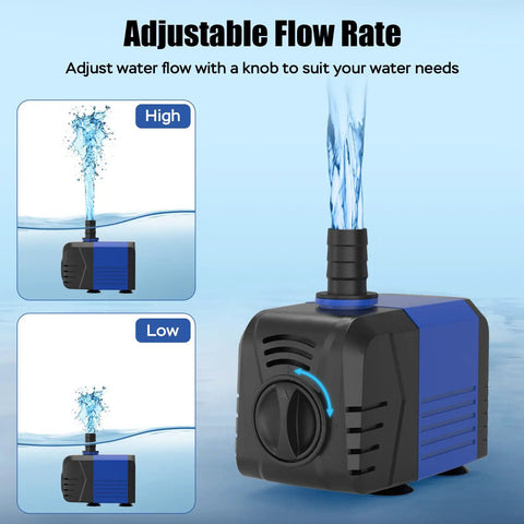 400GPH Submersible Pump With 25W Power, Ultra Quiet Water Pump flow rate adjustment feature displayed in high and low settings