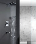 Premium Wall Mounted Rainfall Shower System That Hits Different With Single Handle Hot And Cold Control And Killer Three Setting Spray For Solid Bathroom Vibes over modern grey wall with water running.