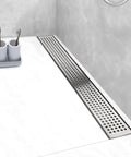 32 Inch Linear Shower Drain With Removable Grate Cover AISI 304 Stainless Steel Floor Drain installed in shower corner