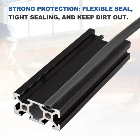 Heavy Duty Aluminum T Slot Cover Strip For 3030 And 4040 Extrusions Dust Proof Flat Seal Guard For 3D Printers And CNC Rigs close-up view of black flexible seal