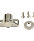 Magnetic Door Catch Zinc Alloy Cabinet Latch with heavy duty hold, screws, washer, and silver finish.
