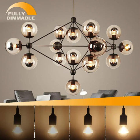 Modern chandelier with Half Chrome LED Edison Bulbs, Dimmable 6W, G80 Globe Shape, creating low glare ambience in room.