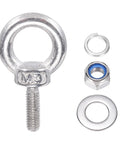 Premium Heavy Duty M3 x 9mm Lifting Shoulder Eye Bolt Set 304 Stainless Steel Six Piece Kit Includes Nuts Flat Washers And Security Plates components displayed.