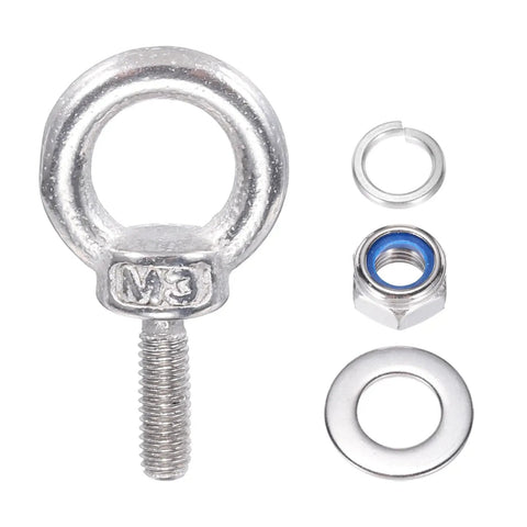 Premium Heavy Duty M3 x 9mm Lifting Shoulder Eye Bolt Set 304 Stainless Steel Six Piece Kit Includes Nuts Flat Washers And Security Plates components displayed.