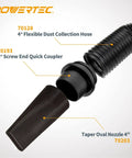 Flexible 4 Inch Dust Collection Hose Extends Up To 36 Inches For Table Saw Drill Press And Woodworking DIY Shop Dust Collection System Left Spiral Design Makes Bends Easy And Snakes Through Tight Spaces Keeping Your Workshop Clean shown with quick coupler and nozzle attachments.