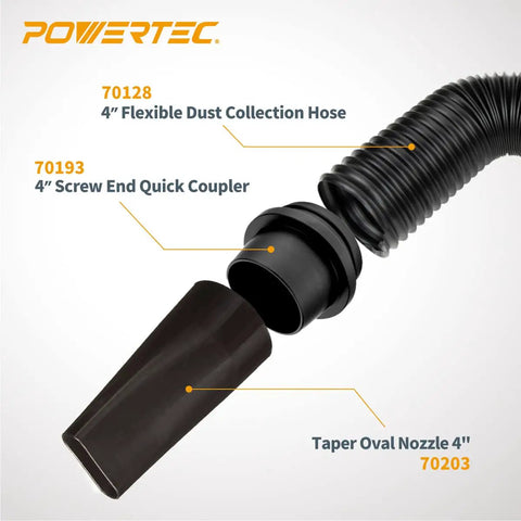 Flexible 4 Inch Dust Collection Hose Extends Up To 36 Inches For Table Saw Drill Press And Woodworking DIY Shop Dust Collection System Left Spiral Design Makes Bends Easy And Snakes Through Tight Spaces Keeping Your Workshop Clean shown with quick coupler and nozzle attachments.