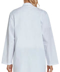 Women's Medical Lab Coat With Three Pockets Long Sleeve Button Front White Durable Cotton Polyester Blend Fade Resistant For Medical Pros, Comfortable Fit In Size Medium back view