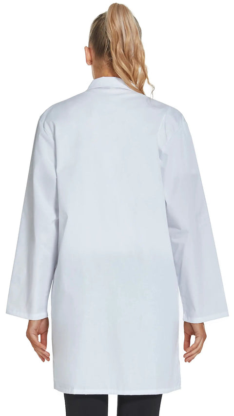 Women's Medical Lab Coat With Three Pockets Long Sleeve Button Front White Durable Cotton Polyester Blend Fade Resistant For Medical Pros, Comfortable Fit In Size Medium back view