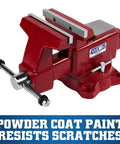 Beefy Utility Bench Vise With 6-1/2 Inch Jaw Width, 6 Inch Opening, 4 Inch Throat, 360 Degree Swivel Base, Dual Lock-Downs, Serrated Hardened Jaws, Built-In Pipe Jaws, And Large Anvil Work Surface For Pro Shop Tasks, red powder-coated bench vise