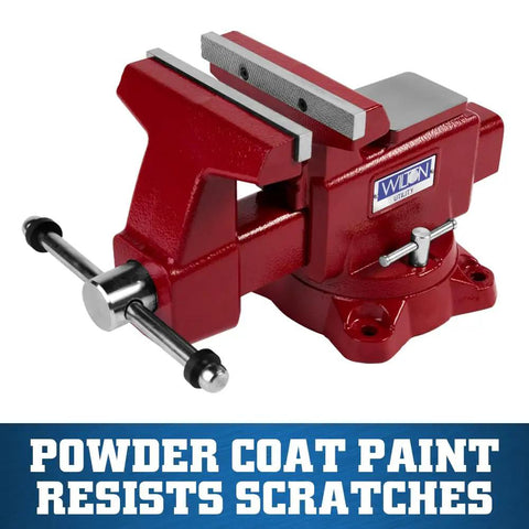 Beefy Utility Bench Vise With 6-1/2 Inch Jaw Width, 6 Inch Opening, 4 Inch Throat, 360 Degree Swivel Base, Dual Lock-Downs, Serrated Hardened Jaws, Built-In Pipe Jaws, And Large Anvil Work Surface For Pro Shop Tasks, red powder-coated bench vise