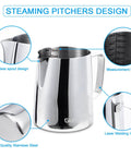 Barista Grade 20 Oz Stainless Steel Milk Frothing Pitcher For Espresso And Latte Art Foam, Perfect For Cappuccino And Hot Chocolate, Dishwasher Safe, Pro Grade, Easy Read Measurement Inside with details of spout and handle design.