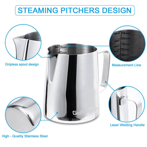 Barista Grade 20 Oz Stainless Steel Milk Frothing Pitcher For Espresso And Latte Art Foam, Perfect For Cappuccino And Hot Chocolate, Dishwasher Safe, Pro Grade, Easy Read Measurement Inside with details of spout and handle design.