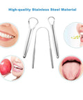 Three Piece Metal Tongue Scraper Set For Adults With Dual Handle Design Stainless Steel Tongue Cleaners shown with oral health benefits