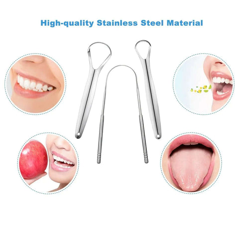 Three Piece Metal Tongue Scraper Set For Adults With Dual Handle Design Stainless Steel Tongue Cleaners shown with oral health benefits