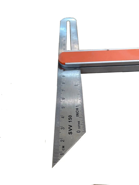 Close-up of 9 Inch Savage T Bevel with stainless steel rule and metric marks, orange comfort grip handle, and secure metal knob for precise angles.