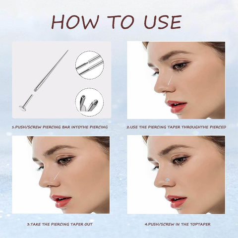 Step-by-step guide using Pro Grade Stainless Steel Body Jewelry Insertion Taper Tool Set For 14G To 20G Piercing shown near nose.