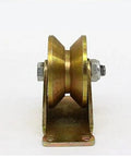 Heavy Hitter V Groove Sliding Door Pulleys With Silent Glide Rigid Casters For Inverted Track Gates and Glass Doors. Gold wheel, metal body.