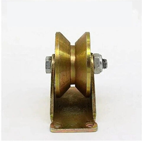 Heavy Hitter V Groove Sliding Door Pulleys With Silent Glide Rigid Casters For Inverted Track Gates and Glass Doors. Gold wheel, metal body.