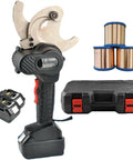 Portable Battery Powered Ratchet Cable Cutter for Copper and Aluminum Cables with alloy steel blade, dual batteries, and case
