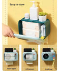 Blue wall mounted waterproof tissue box holder with multifunction storage for kitchen and bathroom; no punch holes, easy install, strong load-bearing