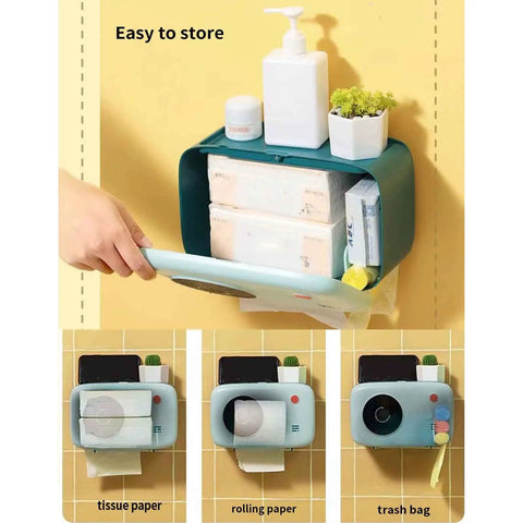 Blue wall mounted waterproof tissue box holder with multifunction storage for kitchen and bathroom; no punch holes, easy install, strong load-bearing