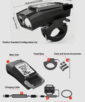 All In One Wireless Bike Computer With Ultra Bright 800 Lumen Front Light And Horn Three Sound Modes Ride Ready Waterproof Speedometer Odometer MPH KMH Multi System Positioning For Road And Mountain Riders shown with components and accessories
