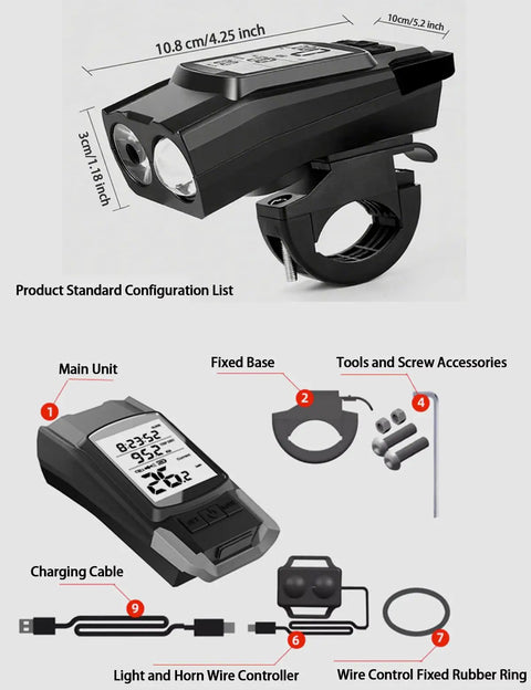 All In One Wireless Bike Computer With Ultra Bright 800 Lumen Front Light And Horn Three Sound Modes Ride Ready Waterproof Speedometer Odometer MPH KMH Multi System Positioning For Road And Mountain Riders shown with components and accessories