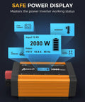 Gutsy 2000W Power Inverter with LCD display shows input/output, safety warnings, and performance for 12V to 120V conversion.