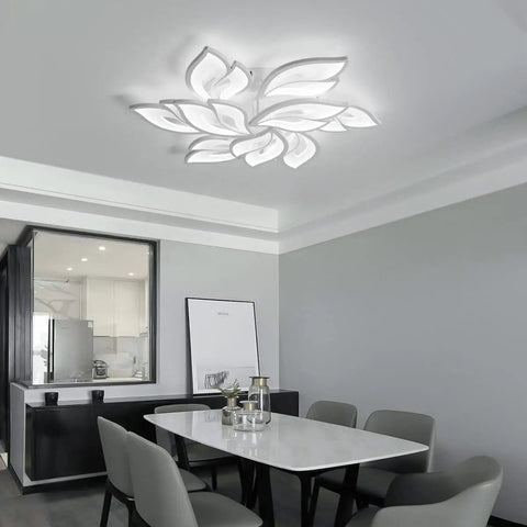 Modern LED Ceiling Light Dimmable Flower Petal Flush Mount Fixture Nine Head White Acrylic Petals 70W Chandelier Style Ceiling Lamp For Living Room And Bedroom With Stylish Glow installed in a dining room.