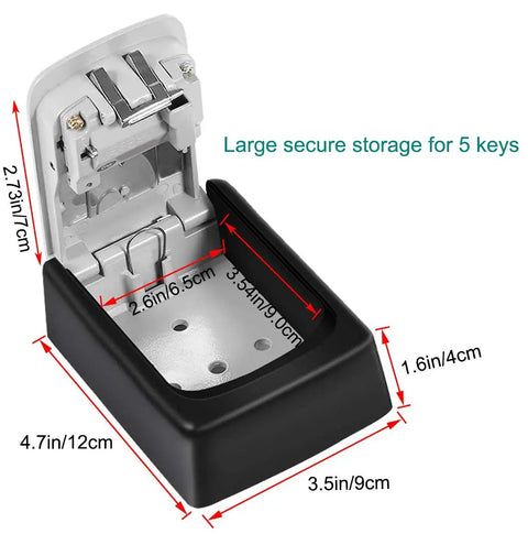 Open Outdoor Key Lock Box Wall Mount Waterproof Safe With Resettable Combination Code Zinc Alloy Key Storage Box For Spare Keys 5 Key Capacity With Mounting Kit, showing dimensions and storage capacity