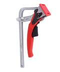 Heavy Duty Ratcheting Table Clamp With Aluminum Alloy Guide Rail And Chrome Vanadium Steel Pro Tool Killer Grip For Woodworking Projects And Cabinet Making 16Cm Opening Works Like A Champ, featuring a red handle and silver frame.