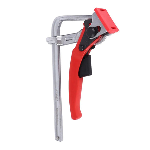 Heavy Duty Ratcheting Table Clamp With Aluminum Alloy Guide Rail And Chrome Vanadium Steel Pro Tool Killer Grip For Woodworking Projects And Cabinet Making 16Cm Opening Works Like A Champ, featuring a red handle and silver frame.