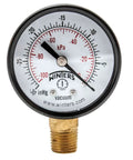 Front view of Winters vacuum pressure gauge, 2-inch dial, brass internals, steel case, 1/4" NPT bottom mount.