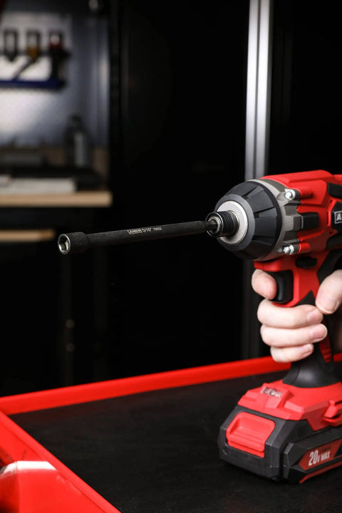 Three Piece Five Sixteenth Inch Magnetic Impact Nut Driver Bit Set, Six Inch Long, installed on a red impact driver.