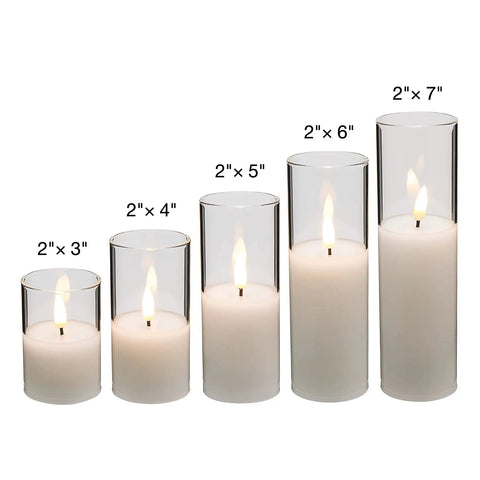 Clear Glass Flameless Candles With Remote Set Of 5 Slim Tall LED Pillar Candles Battery Powered Assorted Sizes 2 Inch Diameter