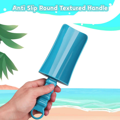 Big 9 Inch Beach Sand Shovels Set For Kids And Adults blue shovel with anti-slip handle shown at a beach