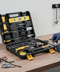 Comprehensive 78 Piece All In One Hand Tool Set for Home Auto and Office with Portable Storage Case open on a workbench