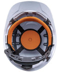 Interior view of Hard Hat With Rechargeable Headlamp Mounts Front And Back Cap Style Vented Shell Padded Self-Wicking Odor-Resistant Sweatband White