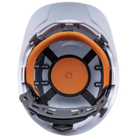 Interior view of Hard Hat With Rechargeable Headlamp Mounts Front And Back Cap Style Vented Shell Padded Self-Wicking Odor-Resistant Sweatband White