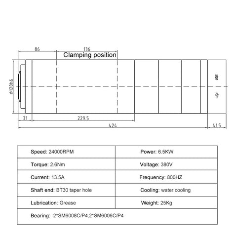 Technical drawing of Heavy Duty Cnc Milling Spindle With Automatic Tool Changer Bt30 Taper 6.5Kw Brushless Motor Pulls 24000 Rpm On 380V.