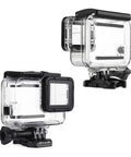 Two angles of Waterproof GoPro Case for Hero 7 Black, Hero 6 Black, Hero 5 Black, and Hero (2018) Underwater Housing 147ft 45m.