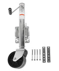 Heavy Duty 1500 Lb Trailer Jack With 6 Inch Dual Wheels Adjustable Swivel Base, galvanized steel, including mounting hardware.