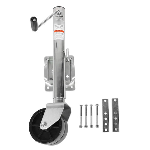 Heavy Duty 1500 Lb Trailer Jack With 6 Inch Dual Wheels Adjustable Swivel Base, galvanized steel, including mounting hardware.