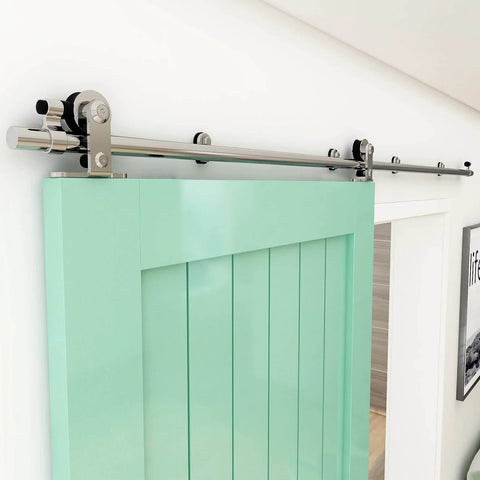 Sliding Barn Door Hangers Set 2pcs Stainless Steel No Track T Shape Compatible For All Sliding Barn Doors With Ultra Quiet Nylon Roller Wheels And High Quality Gcr15 Bearings To Deliver Smooth Glide And Reduced Friction installed on green door