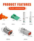 Top Shelf 4 Pin Connector Set Featuring Dt04-4P And Dt06-4S With A Lock Tight Wedge Design For Heavy Duty Electrical Wiring And Bulletproof Harness Upgrades detailed parts and measurements.