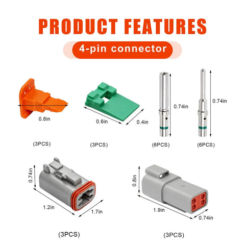 Top Shelf 4 Pin Connector Set Featuring Dt04-4P And Dt06-4S With A Lock Tight Wedge Design For Heavy Duty Electrical Wiring And Bulletproof Harness Upgrades detailed parts and measurements.