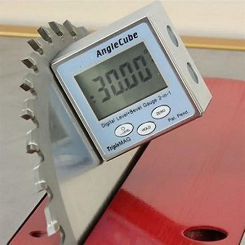 AngleCube Digital Level Bevel Gauge 2 In 1 for table saws setup on metal blade showing 30.00 angle with LCD display