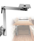 Removable RV Table Base Mount With 360 Degree Rotation Desk Leg in silver aluminum, attached to a caravan table, showing adjustability.