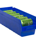 Blue Plastic Shelf Bins For Pantry Organization, Tough And Durable Nesting Bin Boxes, 18 Inch Long By 6 Inch Wide By 6 Inch High, 10 Pack Industrial Grade Storage with cans inside.