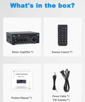 Box contents of Powerful Bluetooth 5 Point 0 HiFi Stereo Amplifier Receiver 40W X 2 Channel with remote and accessories.